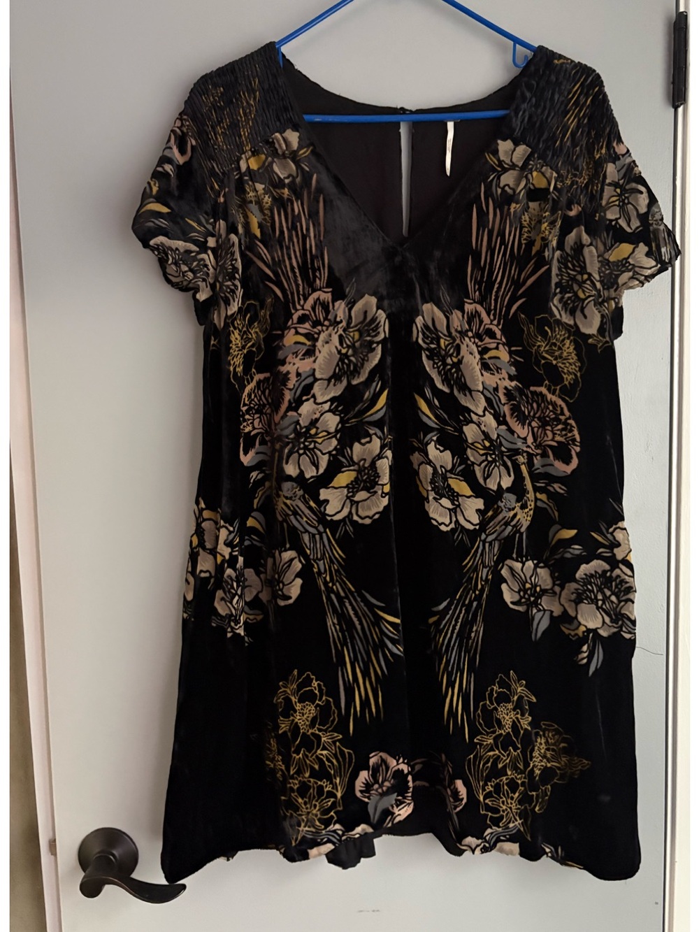 Free People Black Velvet Floral Mini Dress with Gold and Cream Accents